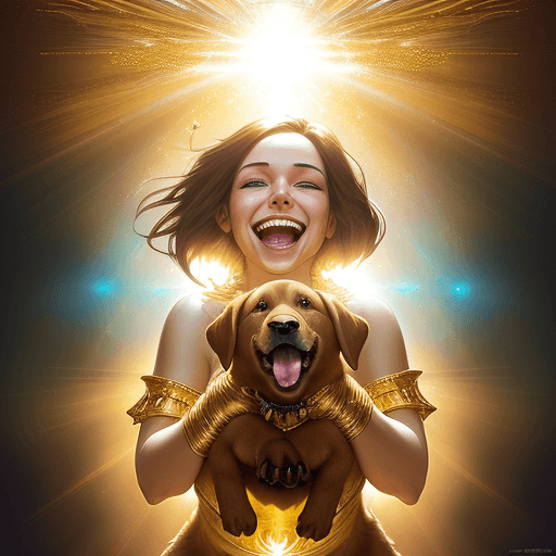 AI generated: "Woman's joyful laughter adds warmth. gorgeous woman adorned with shimmering gold.  happy Labrador p...
