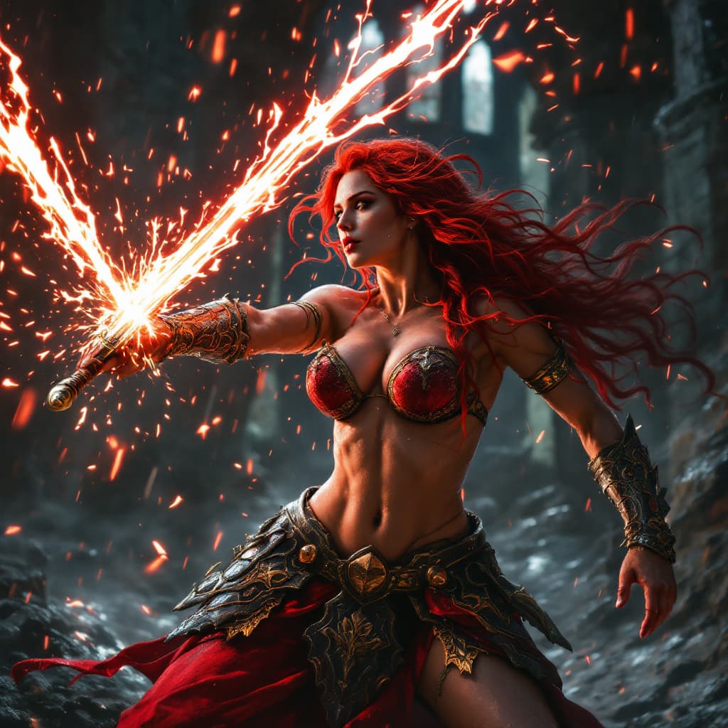 AI generated: Red sonja in a hounted castle keep striking in the air with her sword, while its heavily raining and...
