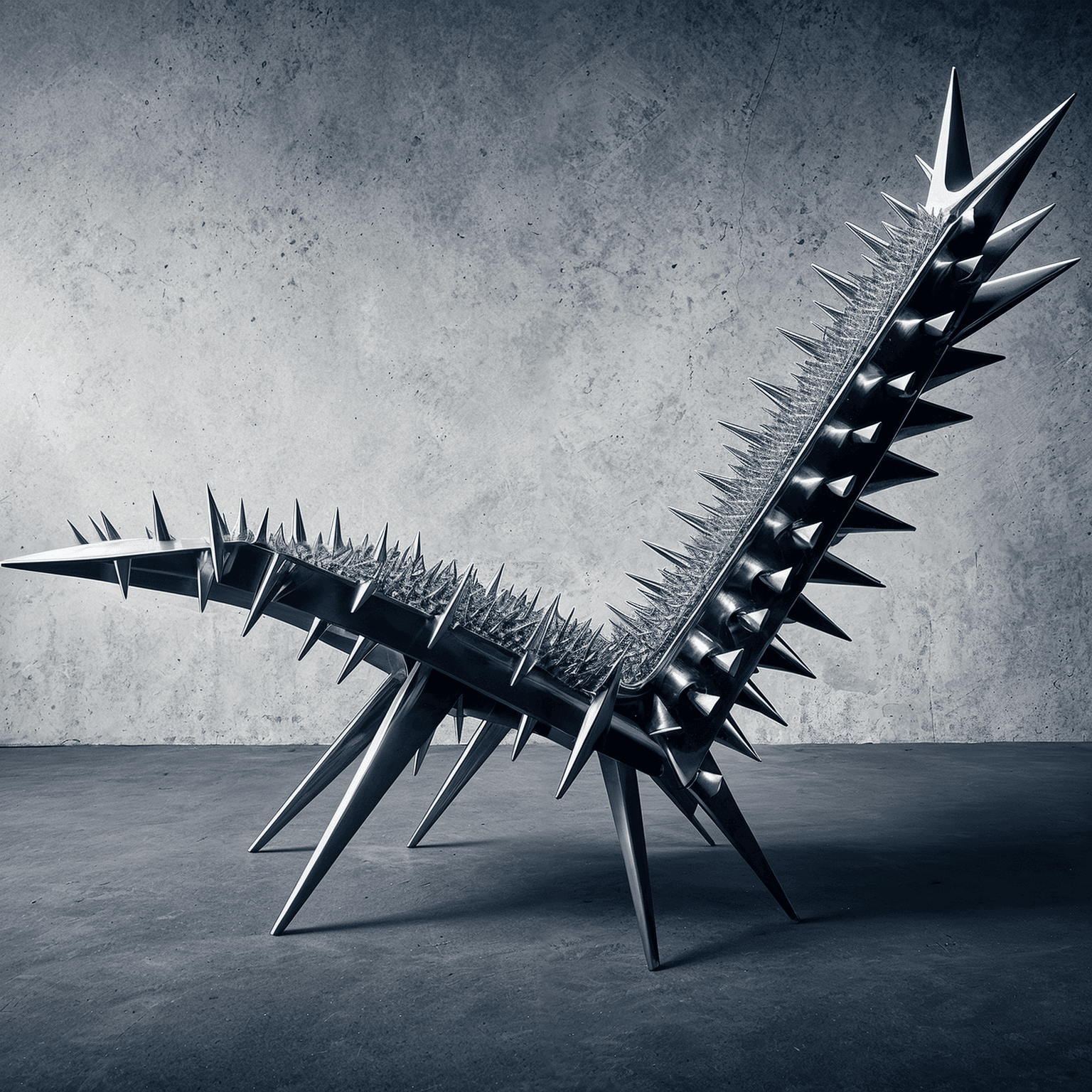 AI generated: ([hdr, film still] lifelike textures),conceptual photo of futuristic shaped metal spiked chair made ...
