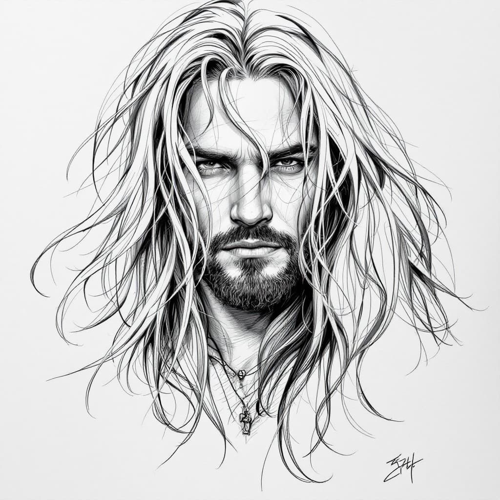AI generated: a drawing with a man with long hair covering his face, in the style of oliver wetter, paul hedley, w...