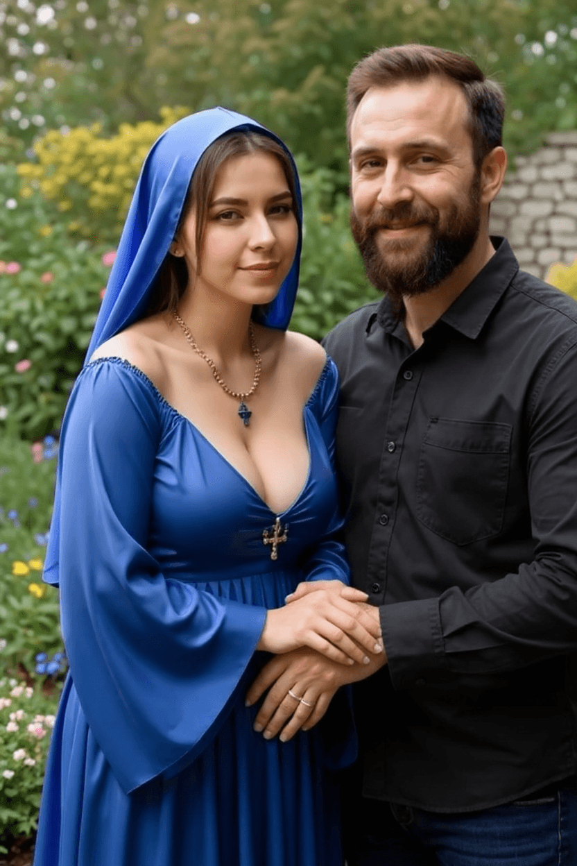 AI generated: making love in her nun's robe. In this garden with a bearded man.