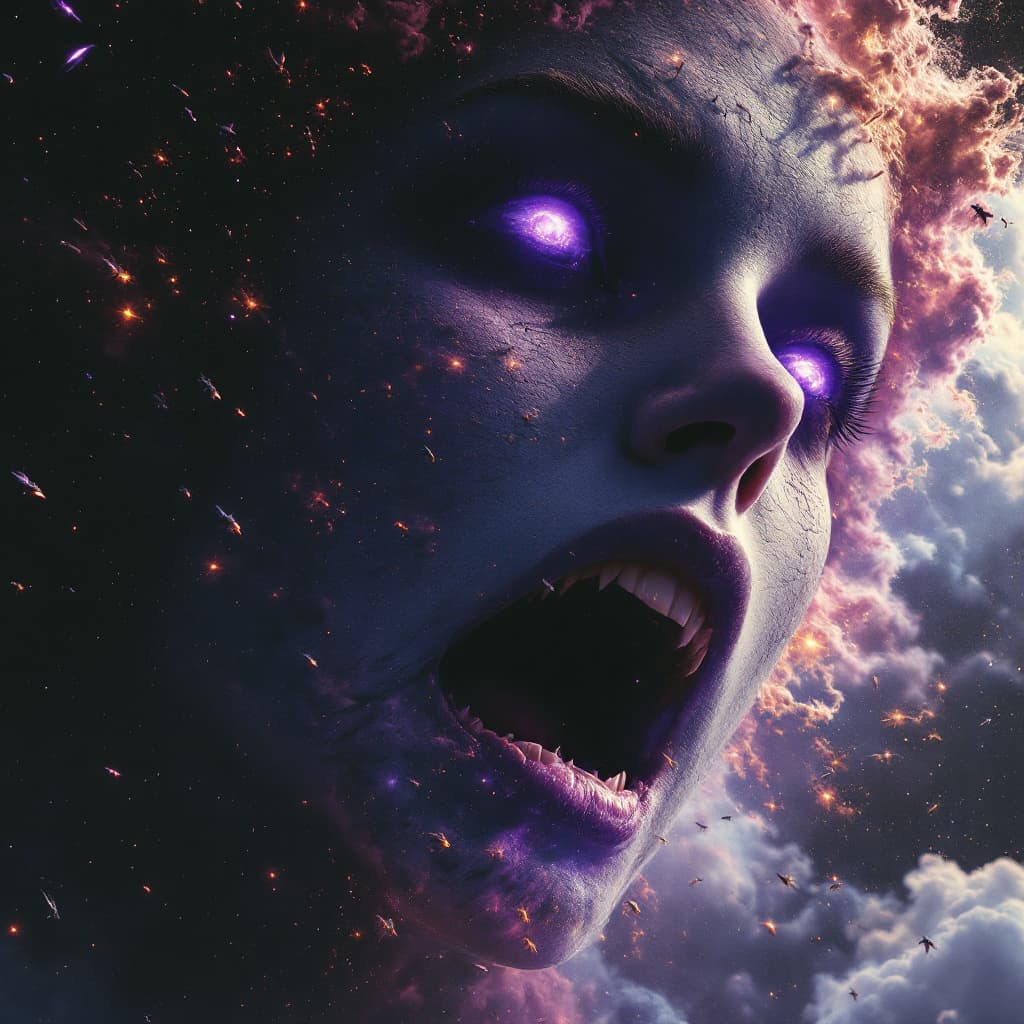 AI generated: enormous giantess eleven from stranger things
bigger than a galaxy  floating in space, minuscule gal...