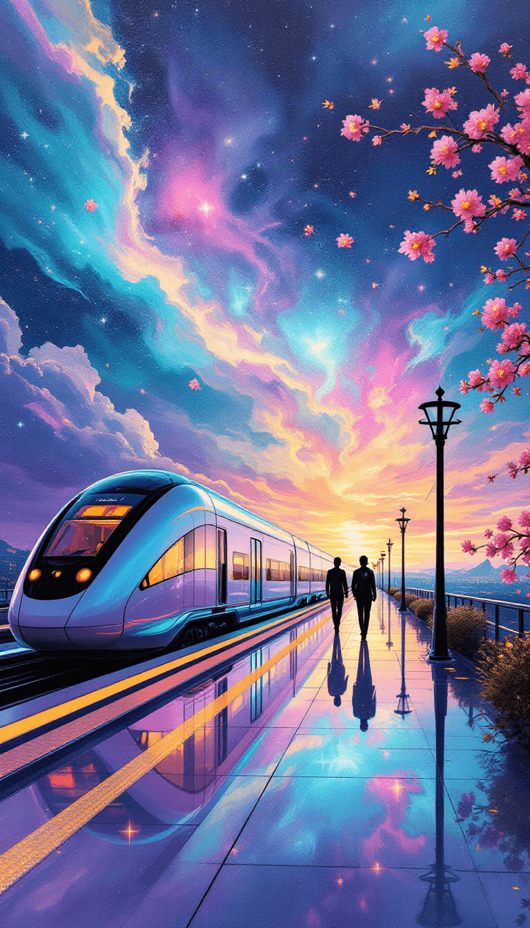 AI generated: A vibrant surrealist painting of a futuristic train station at twilight, infused with dreamy, cosmic...