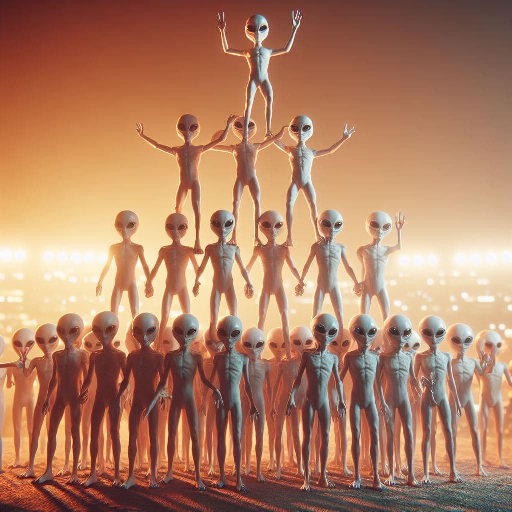 AI generated: A photo of a stack of happy Alien people standing on each others shoulders, human pyramid, cinematic...