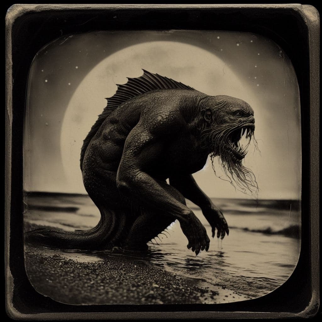 AI generated: detailed and intricate square daguerreotype photograph of a stout man in the midst of transforming i...