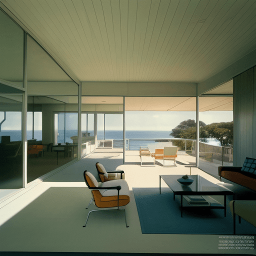 AI generated: Hyper realistic eye level exterior photo of a mid century modern style house overlooking the ocean, ...