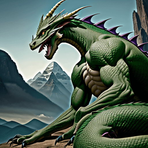 AI generated: lon the ground looking up at a skinny, athletic green male anthro dragon, gargantuan, towering over ...