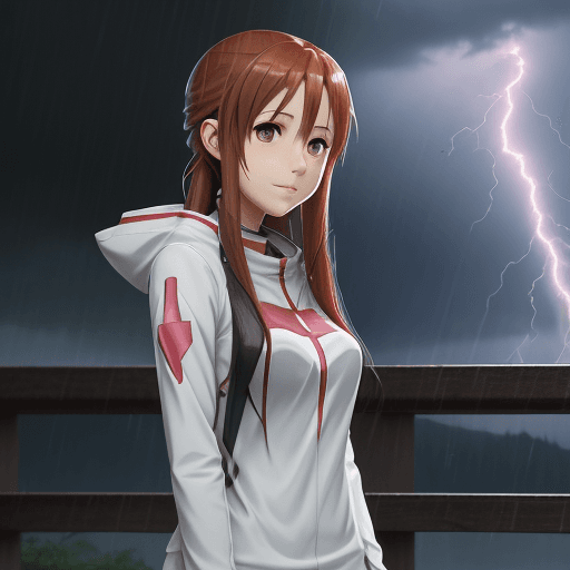 AI generated: Asuna Yuuki, (Swort Art Online), casual clothes, rain, flashes of lightning, relax, (8k)