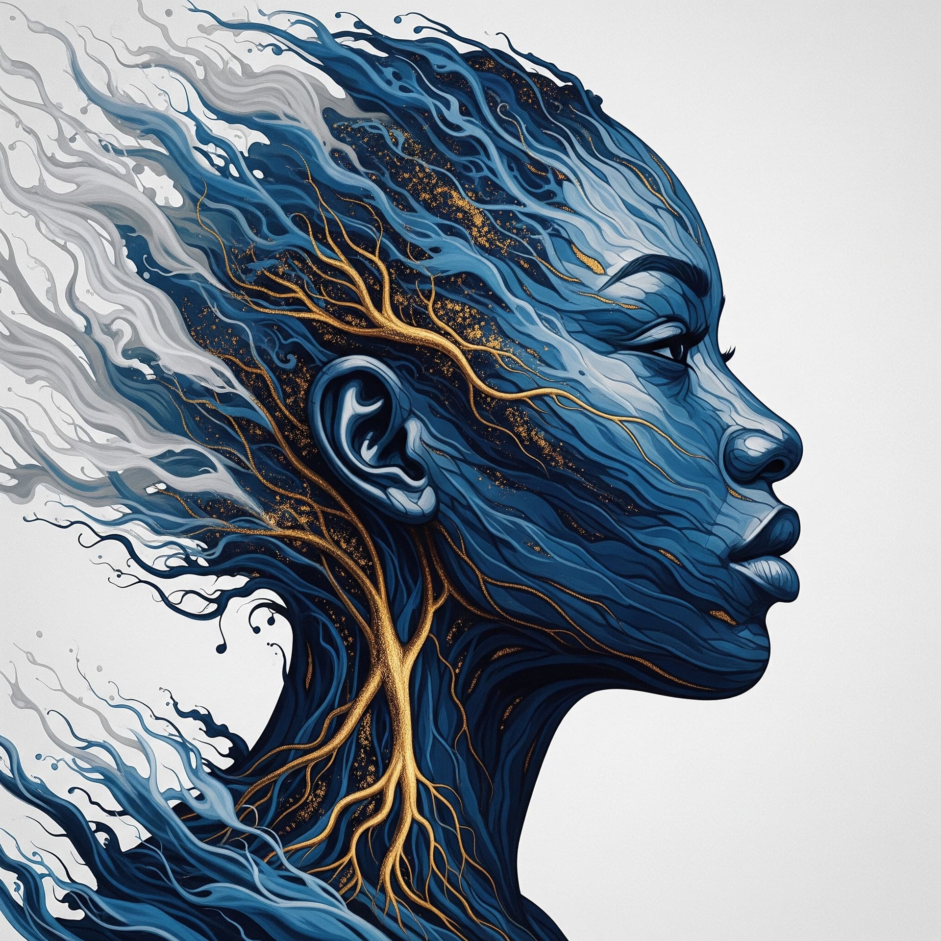 AI generated: A large, abstract portrait of a dark-skinned African female face in profile, formed by flowing blue ...