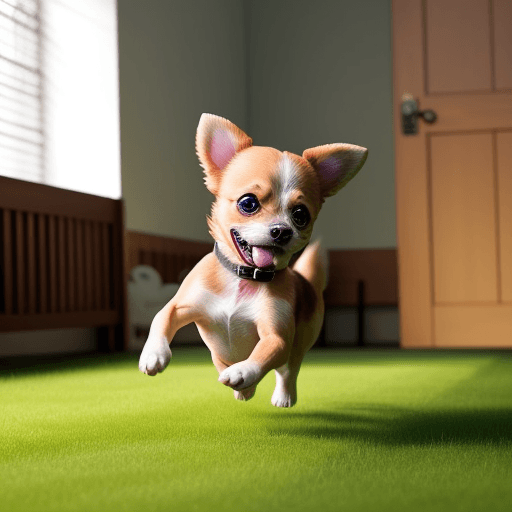AI generated: draw a photo of a small dog in the interior, running on the grass and playing with mummy