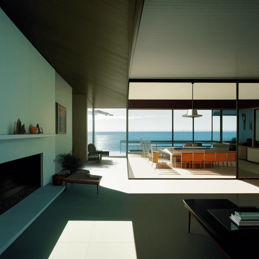 AI generated: Hyper realistic eye level exterior photo of a mid century modern style house overlooking the ocean, ...