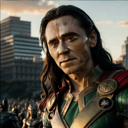AI generated: Photo of an ultra realistic Loki(from Thor 1) with a woman, romantic, dramatic light, golden hour, 4...