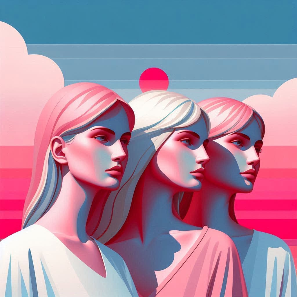 AI generated: THREE WOMEN, with a pink and red background on a blue sky, in the style of David Hockney. Pastel col...