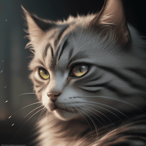AI generated: Photo of a ultra realistic hairy cat with embroideryon the head dropping to the face, dramatic light...