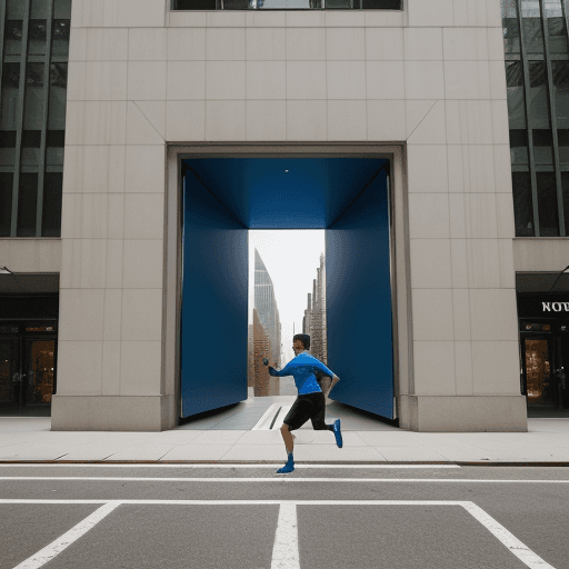AI generated: a man running toward a bright blueish big rectangular portal  in the middle of Manhattan 
