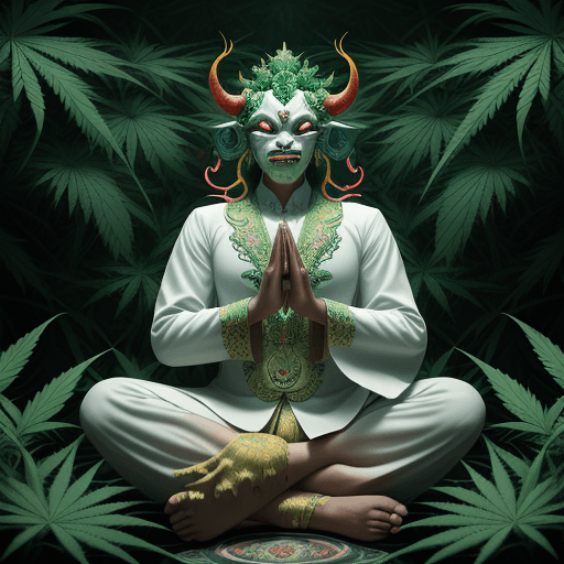 AI generated: make an image with a Barong demon meditating on a batch of cannabis, background forest of cannabis a...