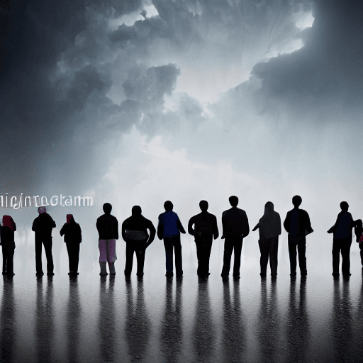AI generated: photograph of 10 adults young and old, men and womens, silhouetted by  hospital lights, standing on ...