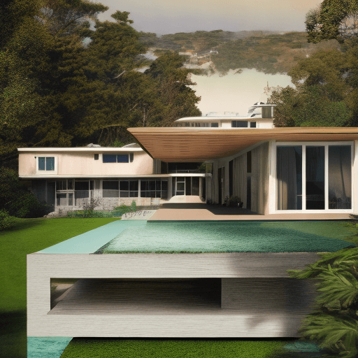 AI generated: Hyper realistic eye level exterior photo of a mid century modern style house overlooking the ocean, ...
