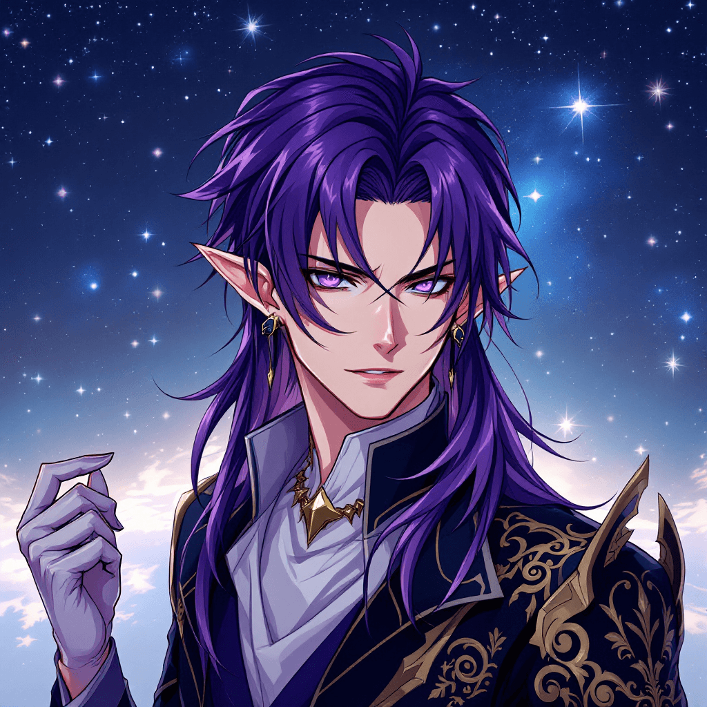 AI generated: manhwa style, male, manly, elf, sharp eyes, man hairstyle, long purple hair, purple eyes, starry nig...