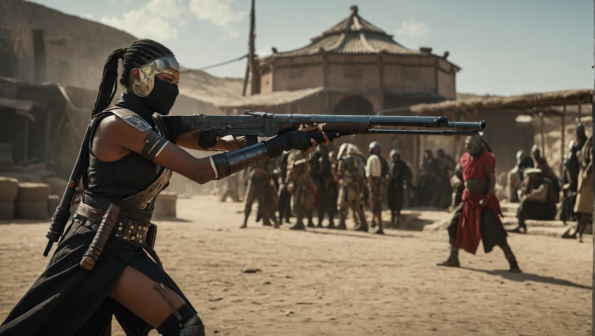 AI generated: This female bounty hunter is a true work of art, with a striking blend of African and Asian features...