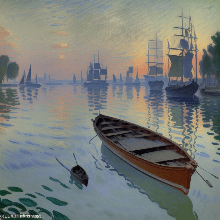 AI generated: a painting of a boat on a body of water, monet. stunning lighting, style of claude monet, impression...