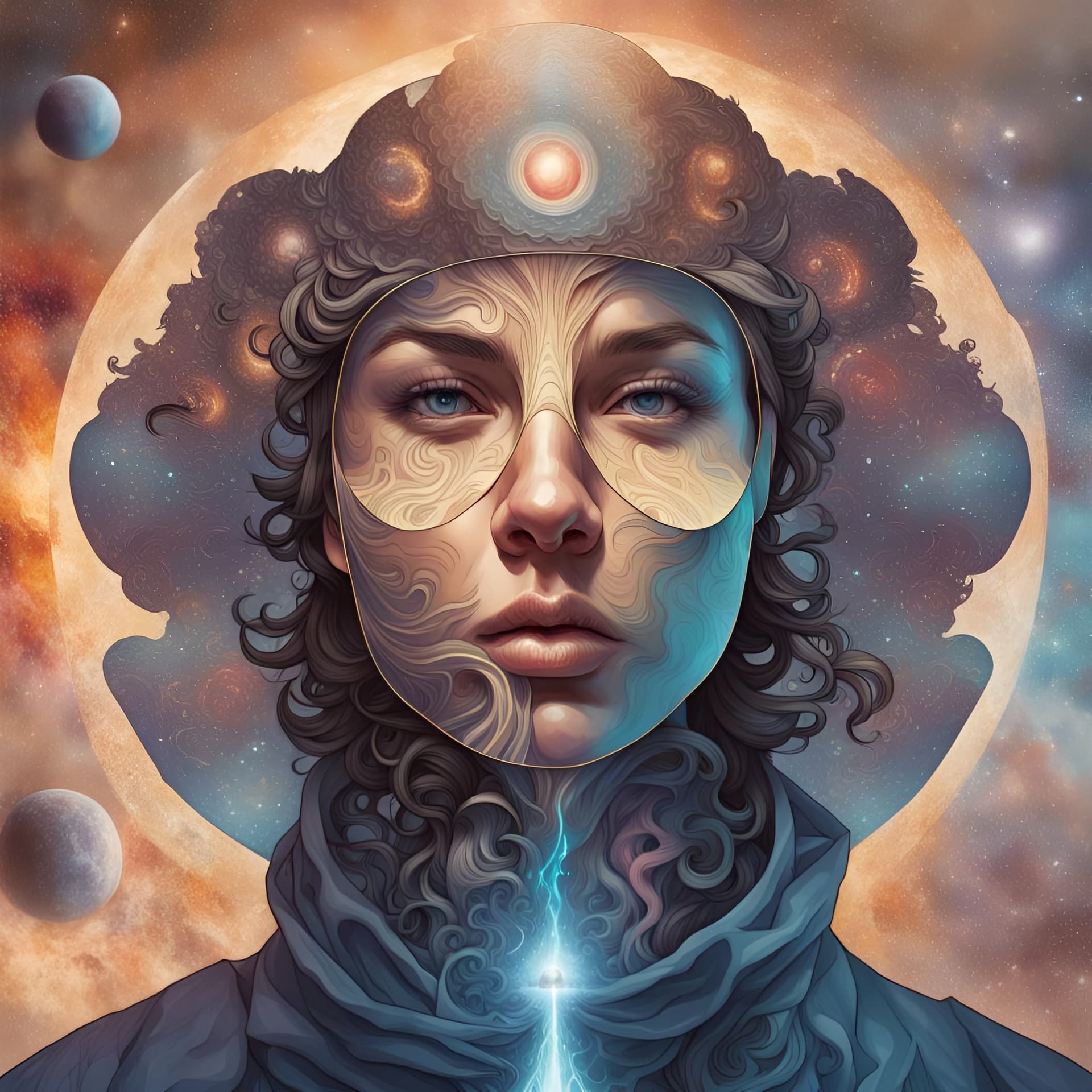 AI generated: a portrait of a person in space, typography, perfect kerning, "Midjourney" made out of cosmic gas, t...