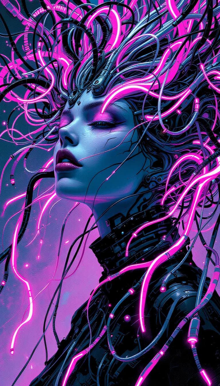 AI generated: Baroque Style, dreamlike hyperdetailed grunge art fantasy illustration featuring a cyberpunk female ...