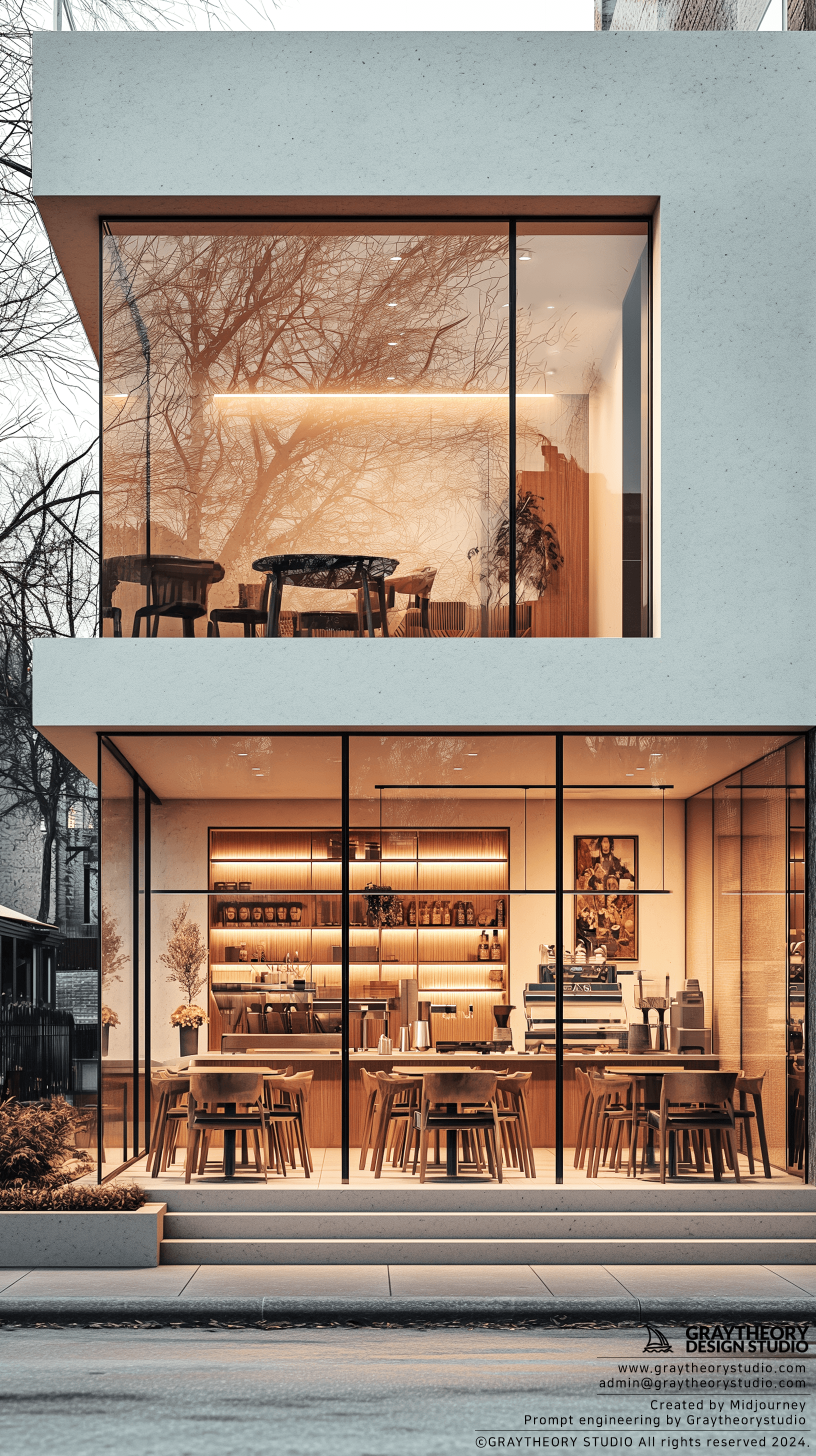 AI generated: café facade with a matt white new glass, shot with a Canon EOS R, 28mm f/1.8 lens, capturing the cri...