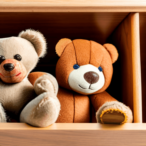 AI generated: a large wooden toy box with a small puzzled teddy bear inside. high detail.