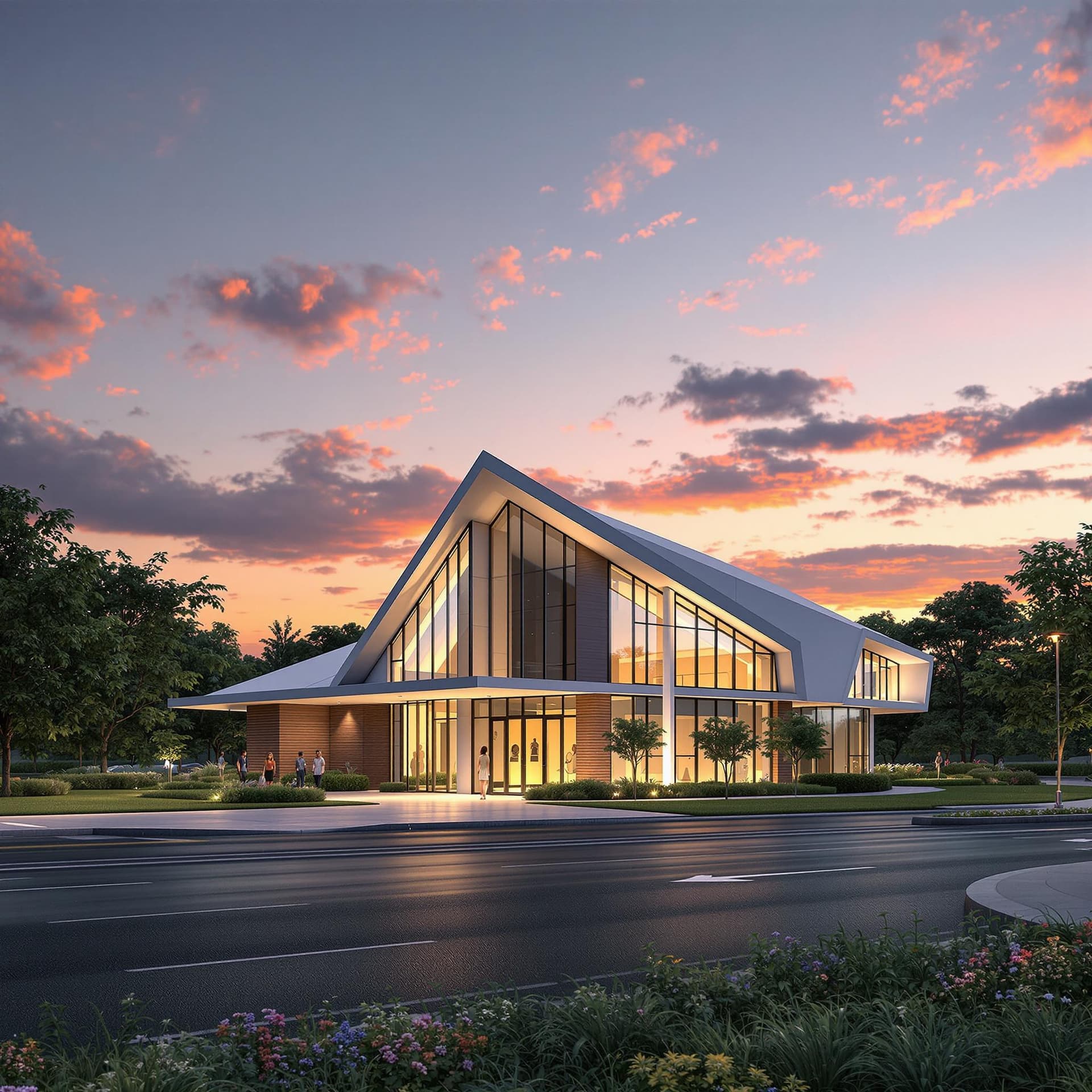 AI generated: ultra realistic 3D rendering of modern church facility with lush landscaping.  Sunset backdrop.
