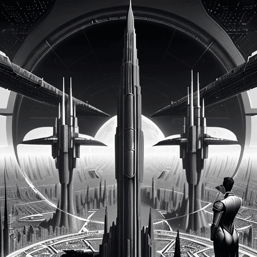 AI generated: A black and white illustration depicts Hari Seldon, the wise mathematician, standing on a high platf...