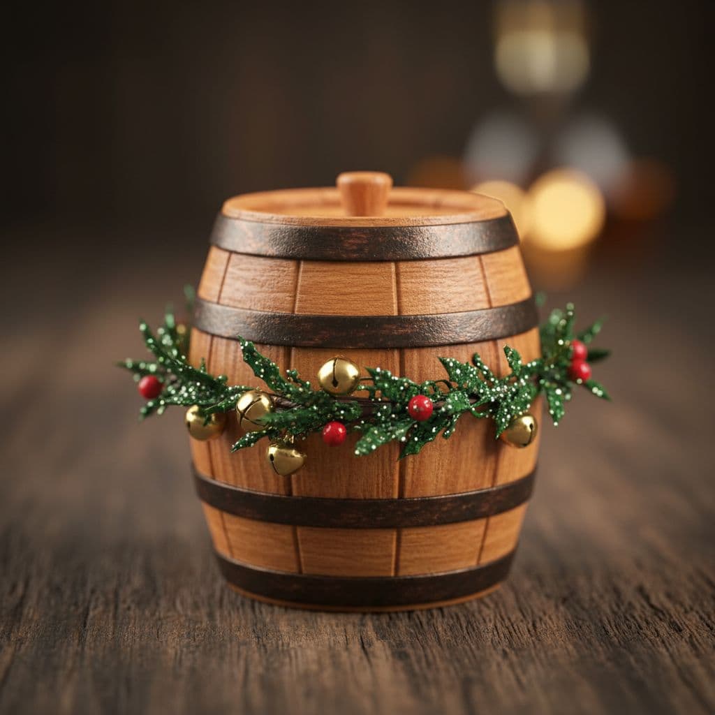 AI generated:  Macro close-up of whisky barrel miniature with beveled wood edges, smooth polished detail, festive ...