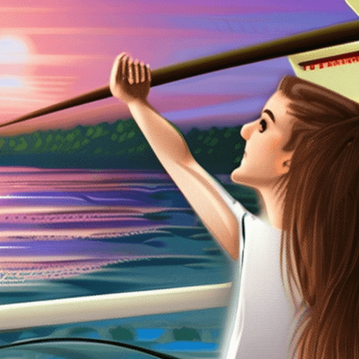 AI generated: girl, brown hair, white t-shirt, long wave hair, look at view, sunset on the beach, ship, palm, real...