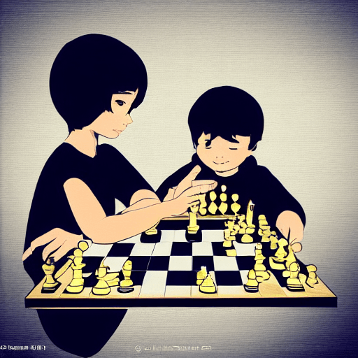 AI generated: two beautiful childs playing chess at a table, slight smile, asymmetrical face, Trending on pixiv, F...