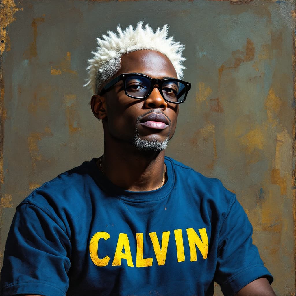 AI generated: a ghanaian man with white dyed hair in dark glasses wearing a blue shirt with the design CALVIN impr...
