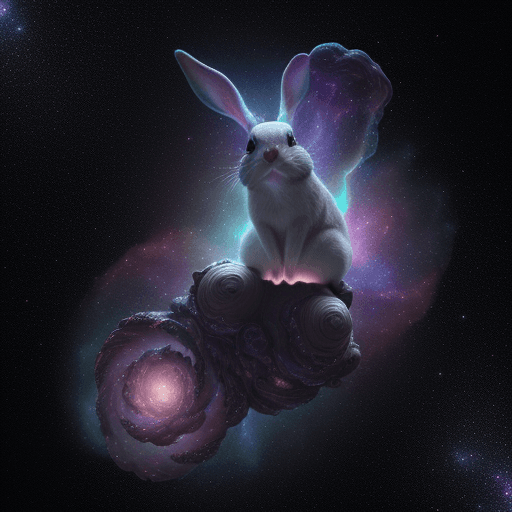 AI generated: galaxies, spirals, space, nebulae, stars, smoke, iridescent, intricate detail, in the shape of a rab...