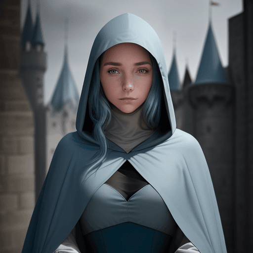 AI generated: Photo of young woman in light blue-gray dress, black cape with a hood on her head, in the middle of ...
