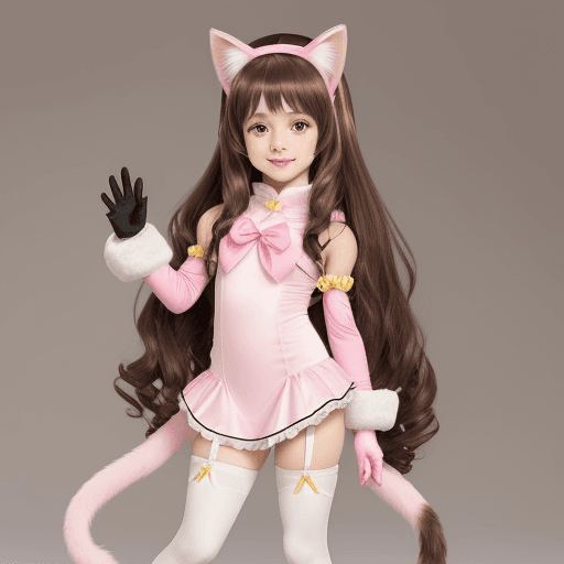 AI generated: a 7-year-old girl, white skin, brown eyes, long wavy brown hair, with anime costume with cat ears, g...