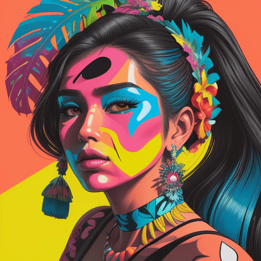 AI generated: Hawaiian artists, modern portrait series of Cansu Dere in colorful wear, in the style of aggressive ...