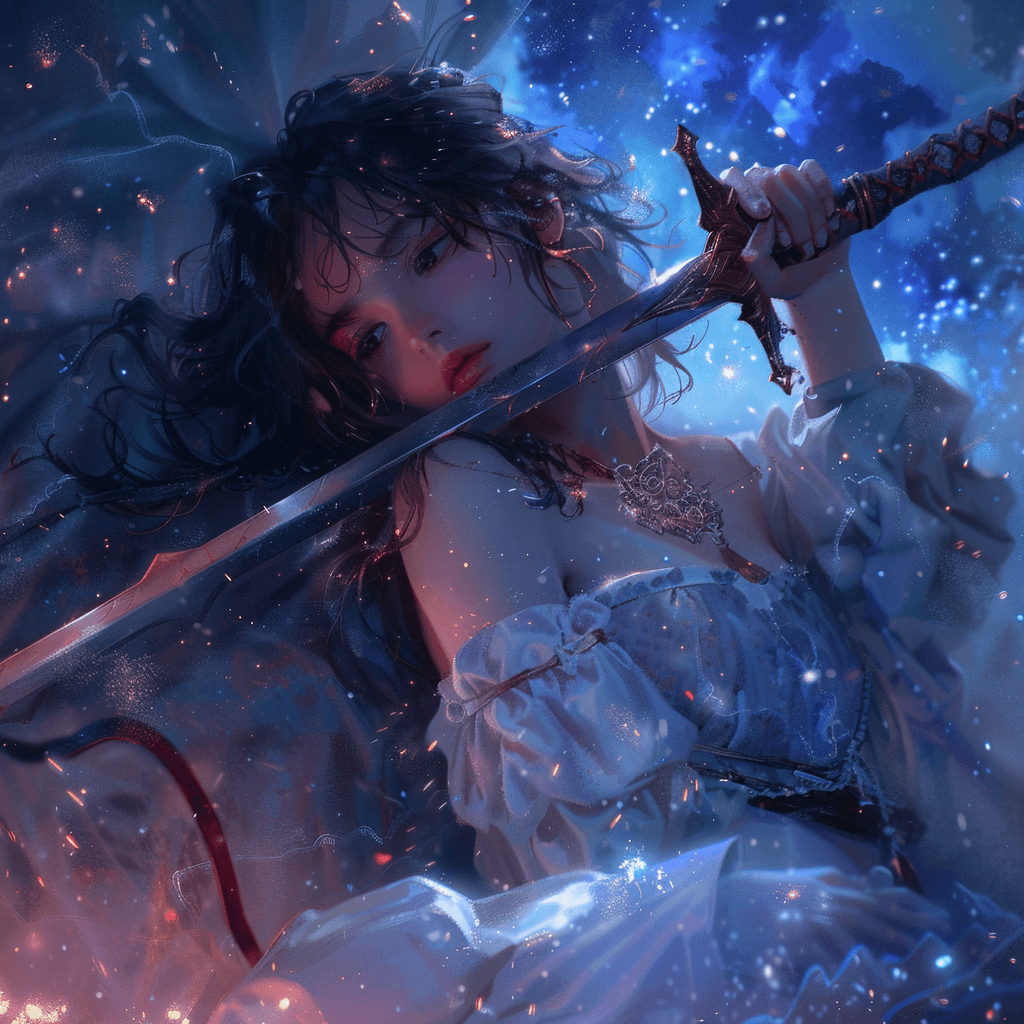 AI generated: 
a girl in space, sword in hand, after many battles, eyes tired, looking somewhere, surrealistic, c...