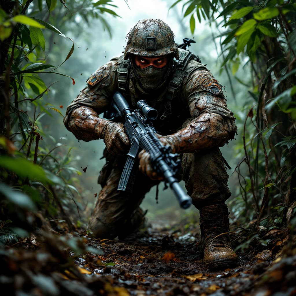 AI generated: Eye-level from the grimy, overgrown jungle floor, the scene takes on the tense, chilling atmosphere ...