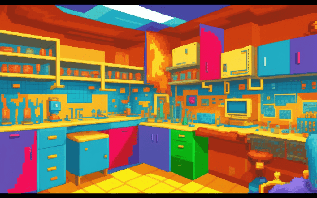 AI generated: nostalgic laboratory, vibrant colors, in pixelart style style, 4k, high definition