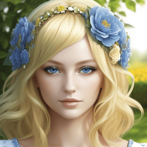 AI generated: Lady with floral headdress, blonde hair, blue eyes, seductive attire, garden, sunny day, realistic t...