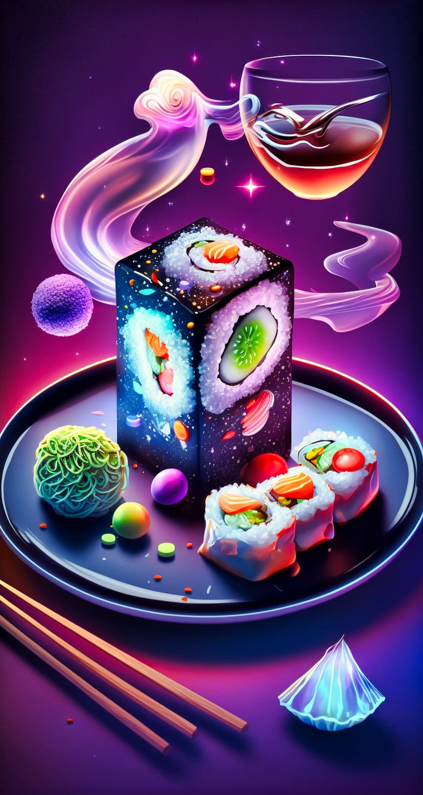 AI generated: realistic ready-to-eat cosmic sushi and california cube rolls set on a plate with caviar flying arou...