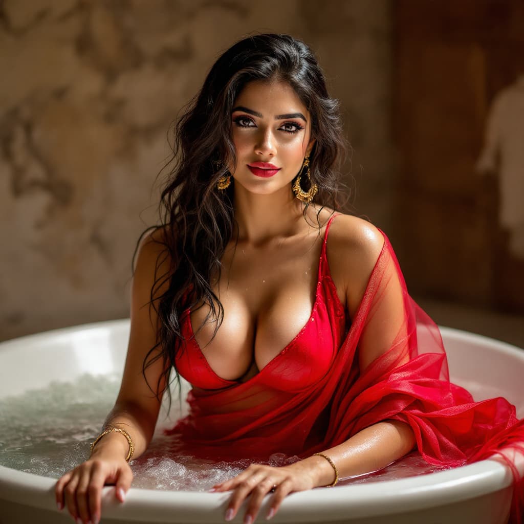 AI generated: Indian influencer Priya Jain finology wear red saree, 1:2 cleavage , edge on bathtub, wet saree and ...