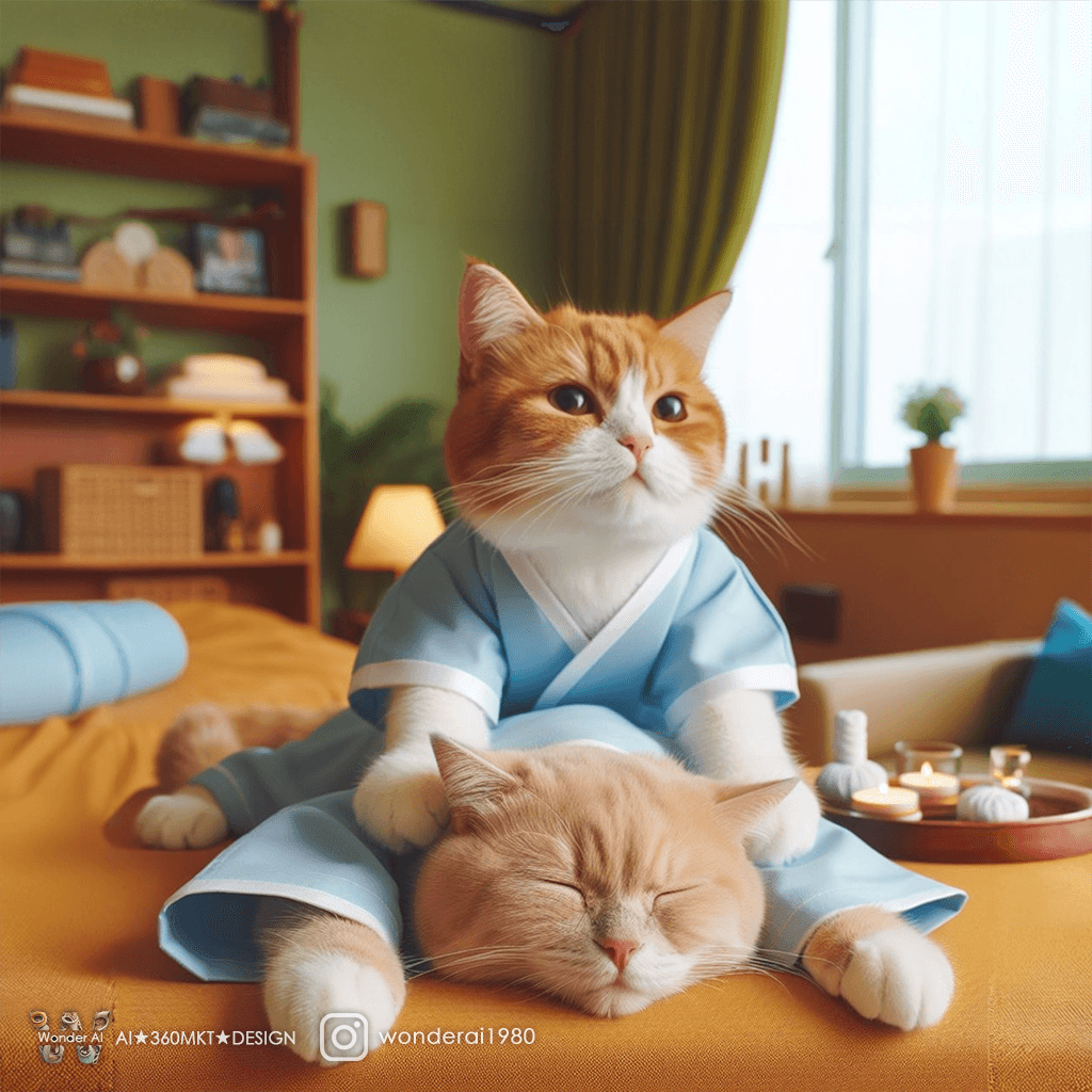 AI generated: adorable cat, wearing a masseuse outfit, massaging another cat dressed in spa attire, comfortably re...
