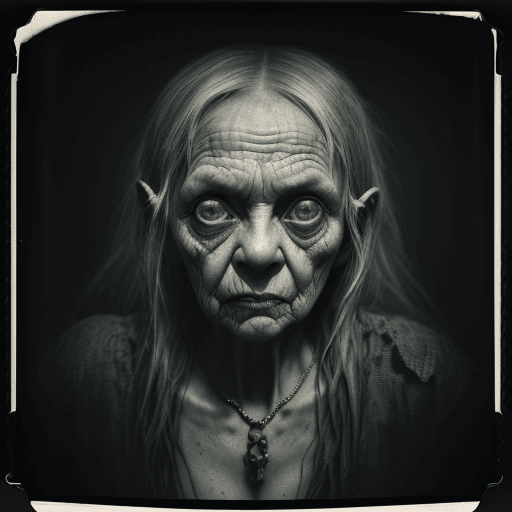 AI generated: vintage sleazy photo taken from a polaroid, a scary old witch in an abandoned place, weathered photo...