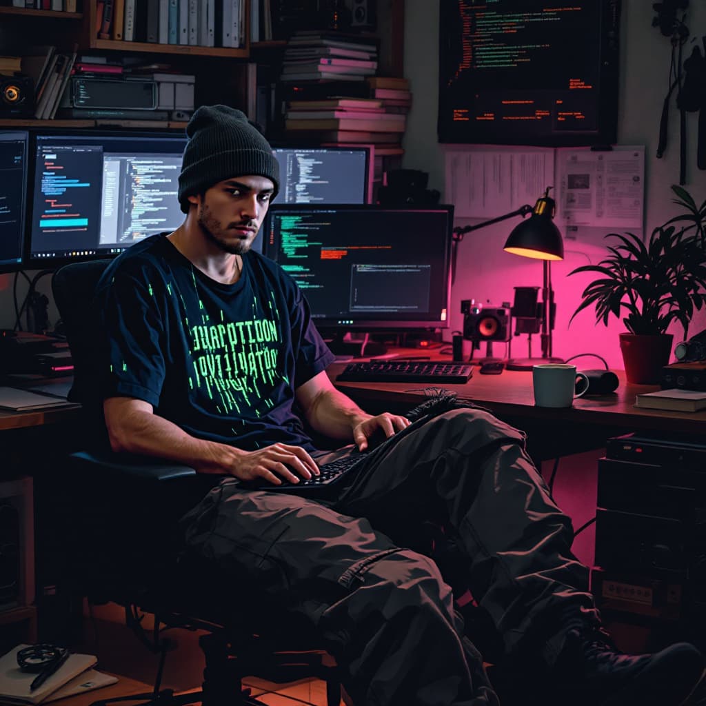 AI generated: An adolescent fashion look hipster male programmer serious thoughtful my picture in a graphic T-shir...