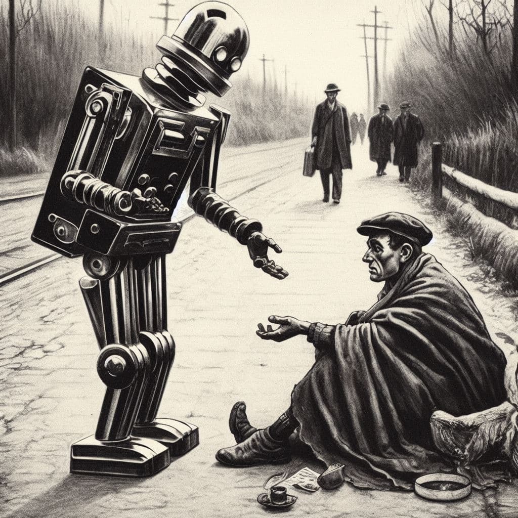 AI generated: A man-sized dieselpunk steampunk robot helping a beggar in Metropolis, minimalistic charcoal sketch ...