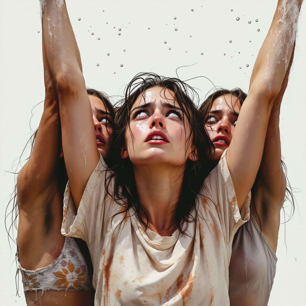 AI generated: three young english girls 
,arms ups ,in confused expression,insane detail ,tear drop,sweaty
 

